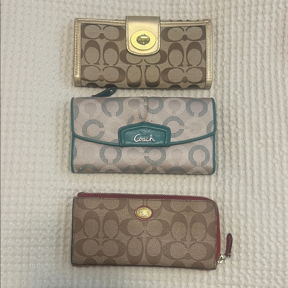 Coach Trio Wallet Set with Gold, Teal, and Red Accents